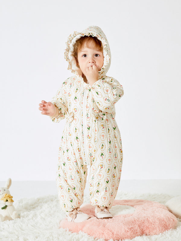Balabala Baby Girl Full Print French Court Garden Hooded Long Sleeve Jumpsuit