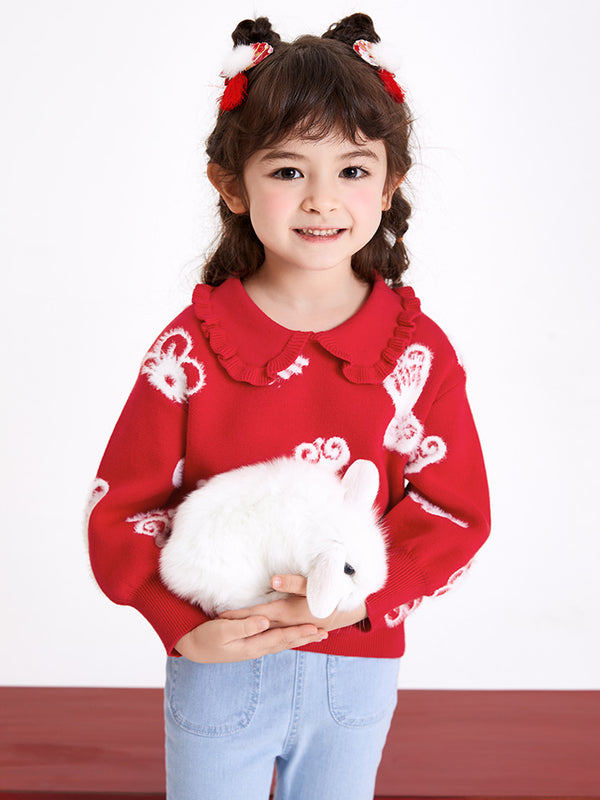 balabala Toddler Girl 100% Cotton Chinese Zodiac Rabbit Lapel Sweater 2-8 Years