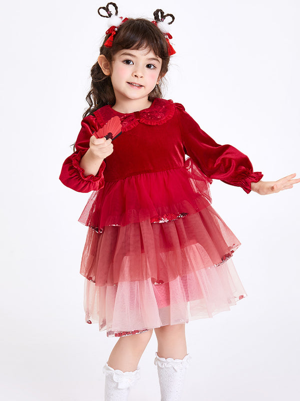 balabala Toddler Girl Velvet Solid Color Woven Dress 2-8 Years