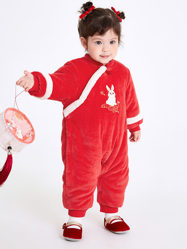 balabala Baby Girl Velvet Chinese Zodiac Rabbit Knitted Jumpsuit 0-3 Years