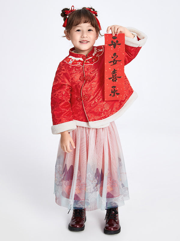 balabala Toddler Girl Jacquard Traditional Chinese Painting Long Sleeve Woven Set 2-8 Years